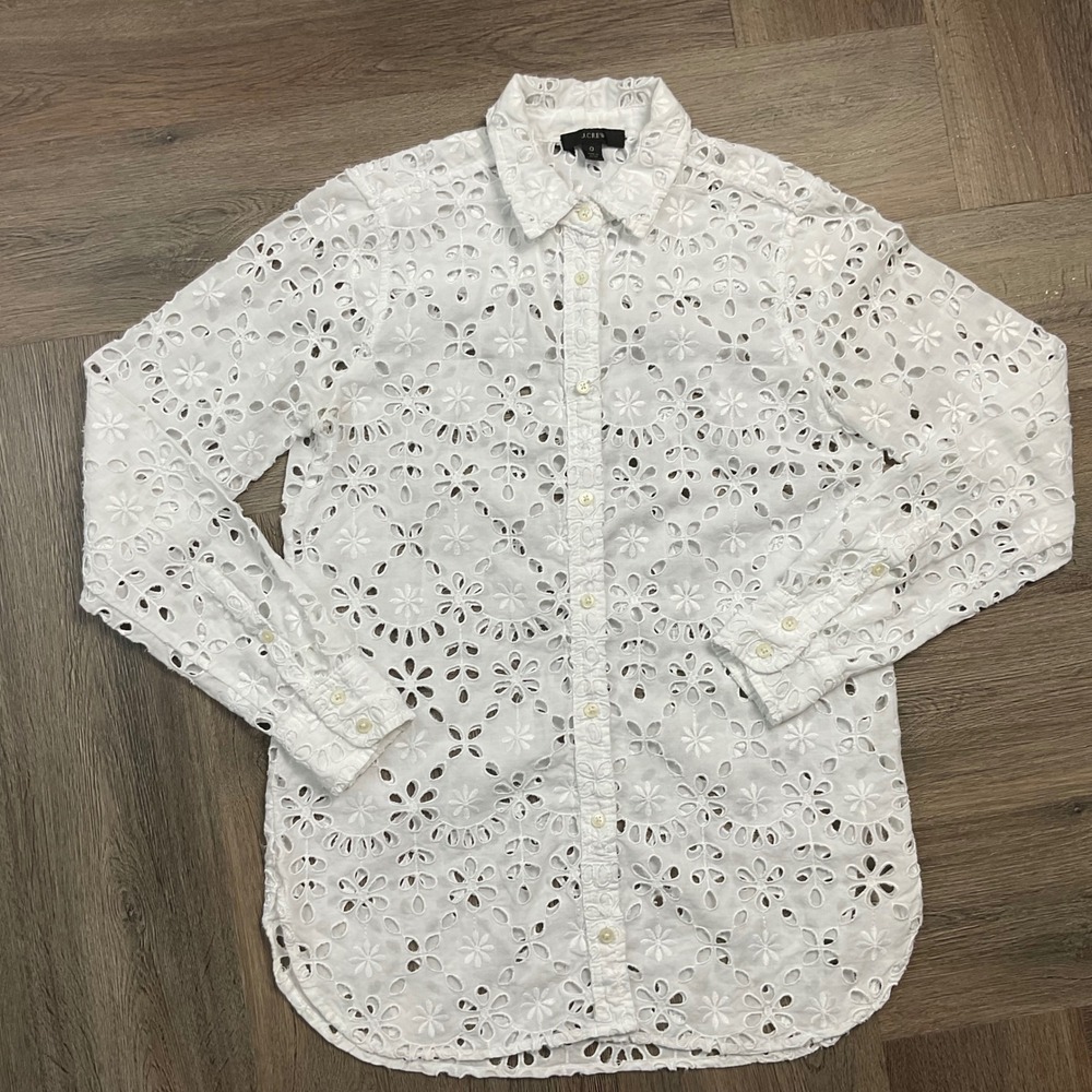 J.Crew Eyelet Broderie‎ Anglaise Cotton Button Up Top Womens 0 White Boho Classy